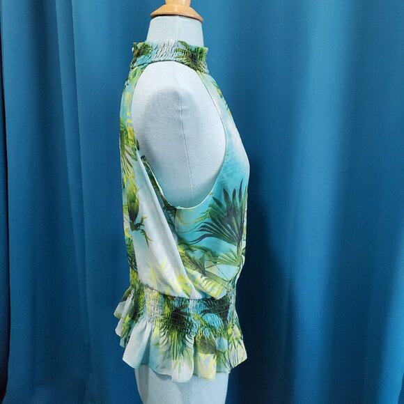 Tropical Halter Neck Smocked Peplum Top | Green Teal Leaf Print | Resort PL - Picture 5 of 9